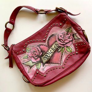 Isabella Fiore Purse Studded Raspberry Leather Wicked Tattoo Roses Graphic